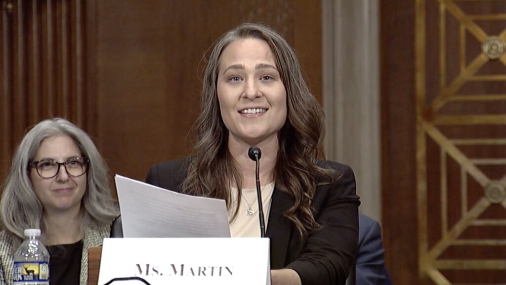 A screenshot of Erin Martin, MASM, speaking during this hearing.