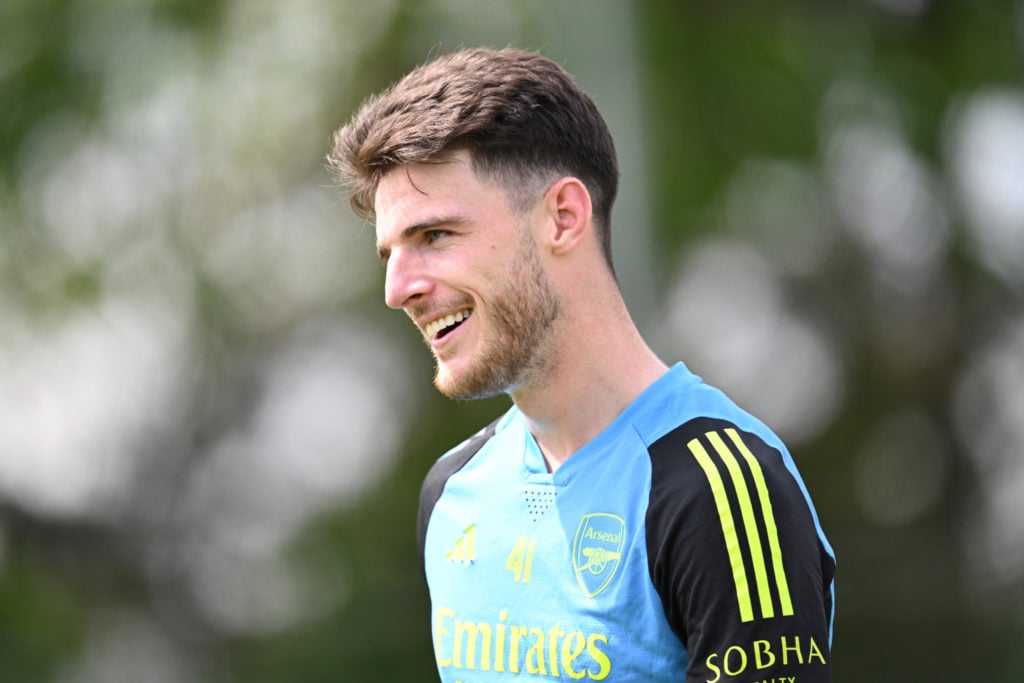 Arsenal's Declan Rice during a training session at London Colney on May 17, 2024 in St Albans, England.